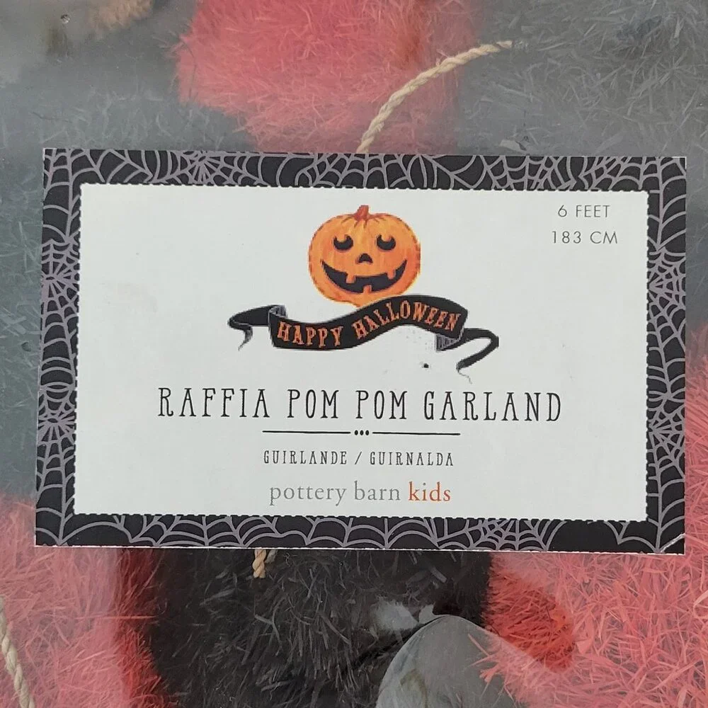 POTTERY BARN KIDS ~ Orange & Black Large Raffia Pom Pom Garland 6' long